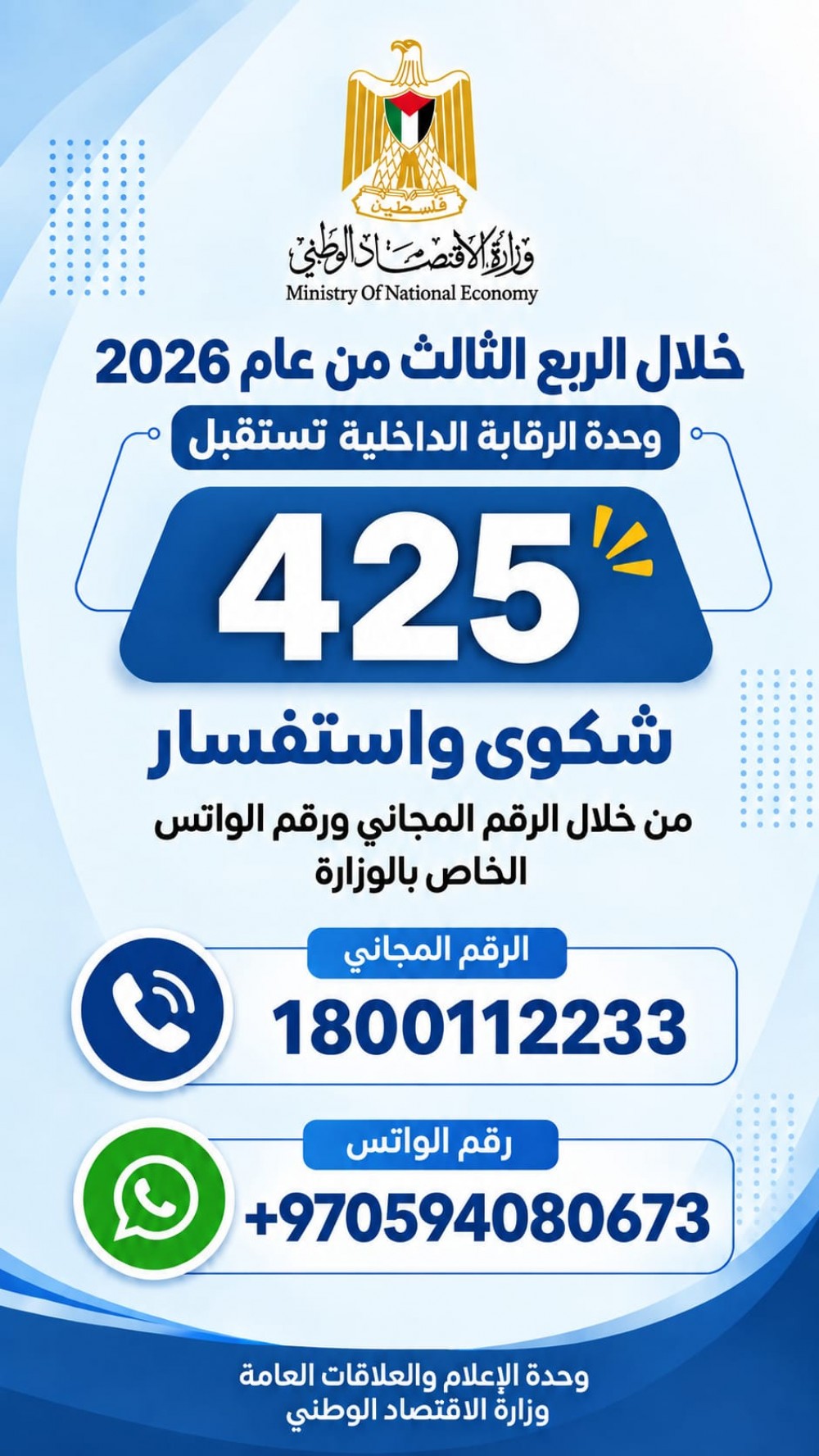 وزارة الاقتصاد: وحدة الرقابة الداخلية والشكاوى تستعرض أبرز إنجازاتها خلال الربع الثالث من عام 2026