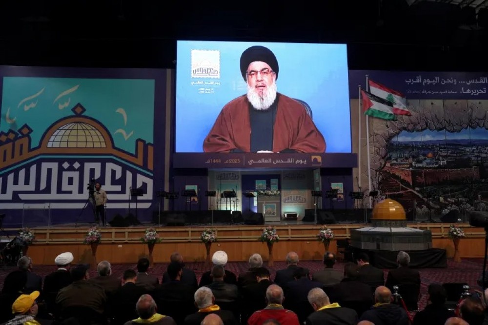 الأمين العام لحزب الله حسن نصر الله يخاطب أنصار الحزب في كلمة متلفزة بيوم القدس العالمي
